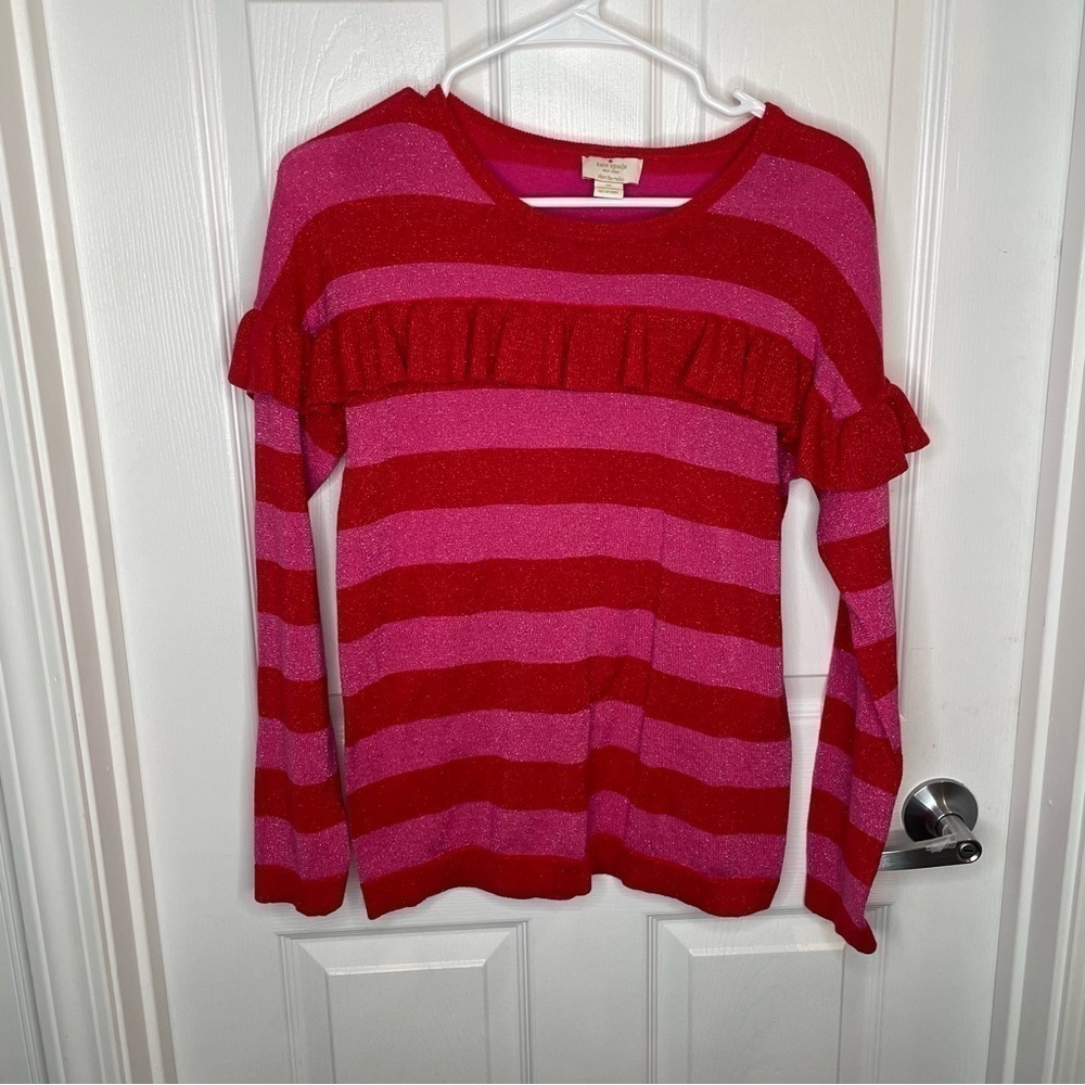 Kate Spade Lollipop Red and Pink Stripe Glitter Ruffle Sweater in Girl's 14
